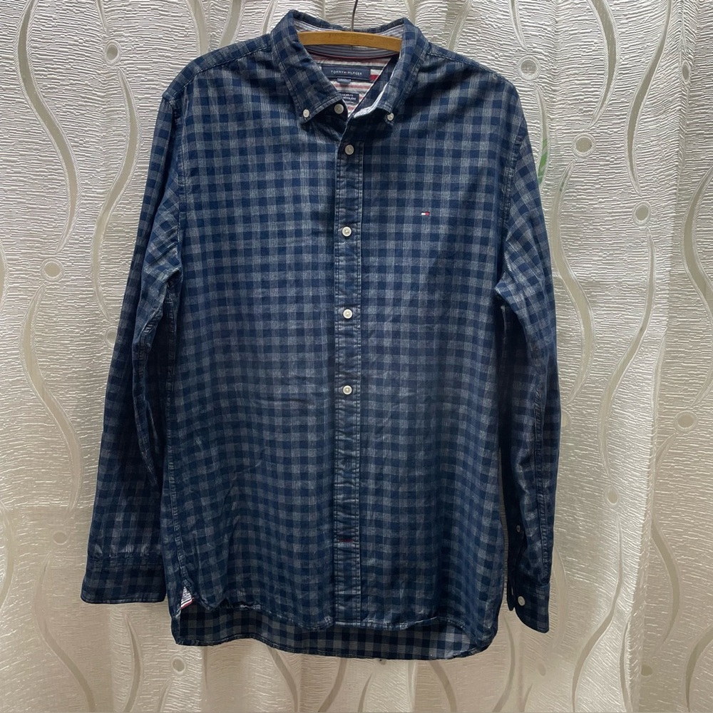 Tommy Hilfiger Button Down Shirt Mens Large Blue Gingham Regular Fit Long Sleeve